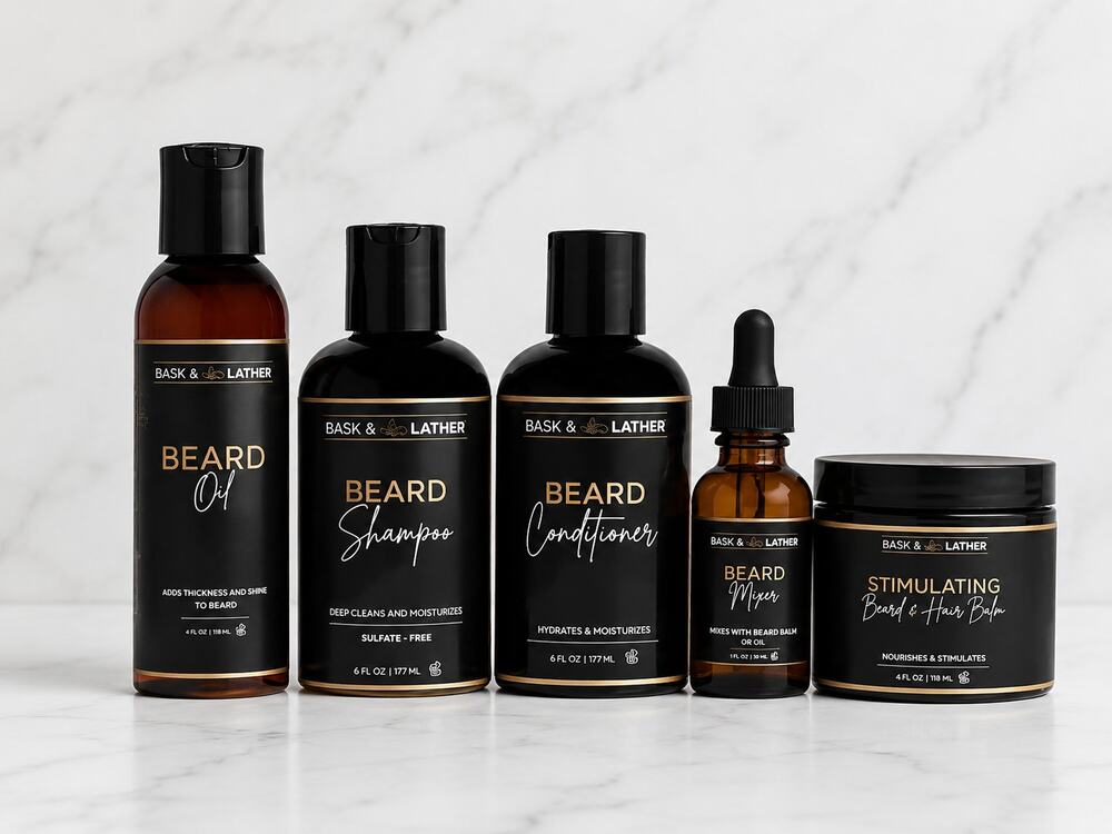 Bask & Lather Men’s Beard Care 5 Piece Set Shampoo Conditioner Oil Balm Mixer